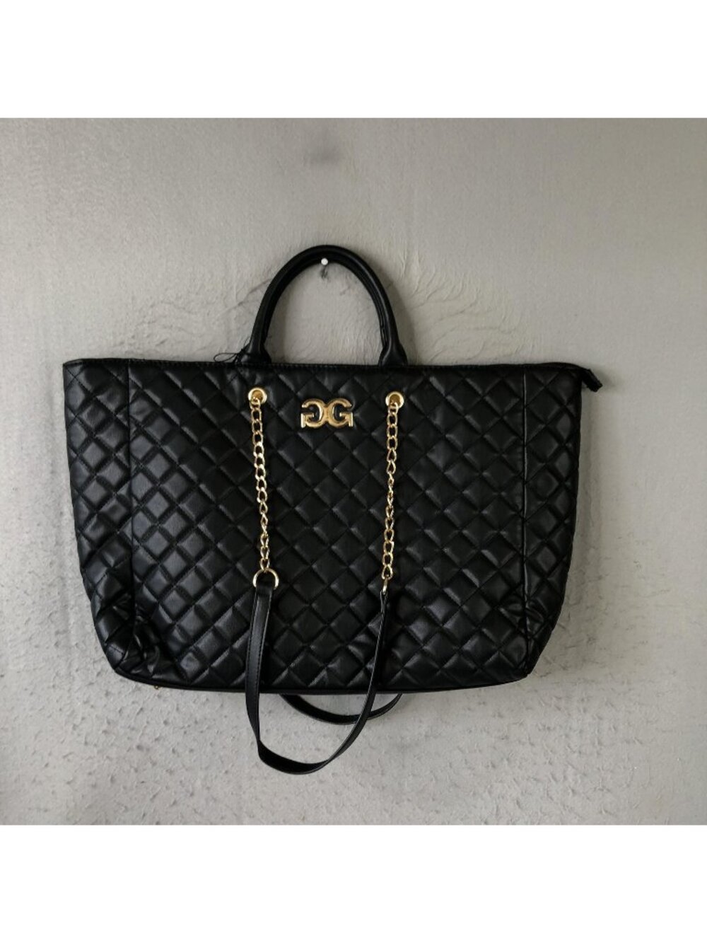 Gilda Paris Tote Bag Womens Large Black Quilted Faux Leather Chain Shoulder